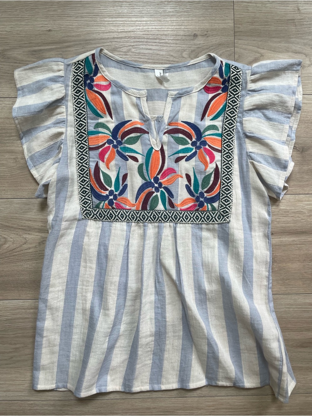 Love Striped Embroidered Tunic Top in Cream and Light Blue